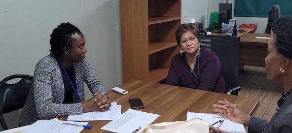 UNCAP Team (l & r): Diane Mugamba and Uchechukwu Patricia Emodi, meeting with Francia Peralta, Chief FTS/MONUSCO (center) 